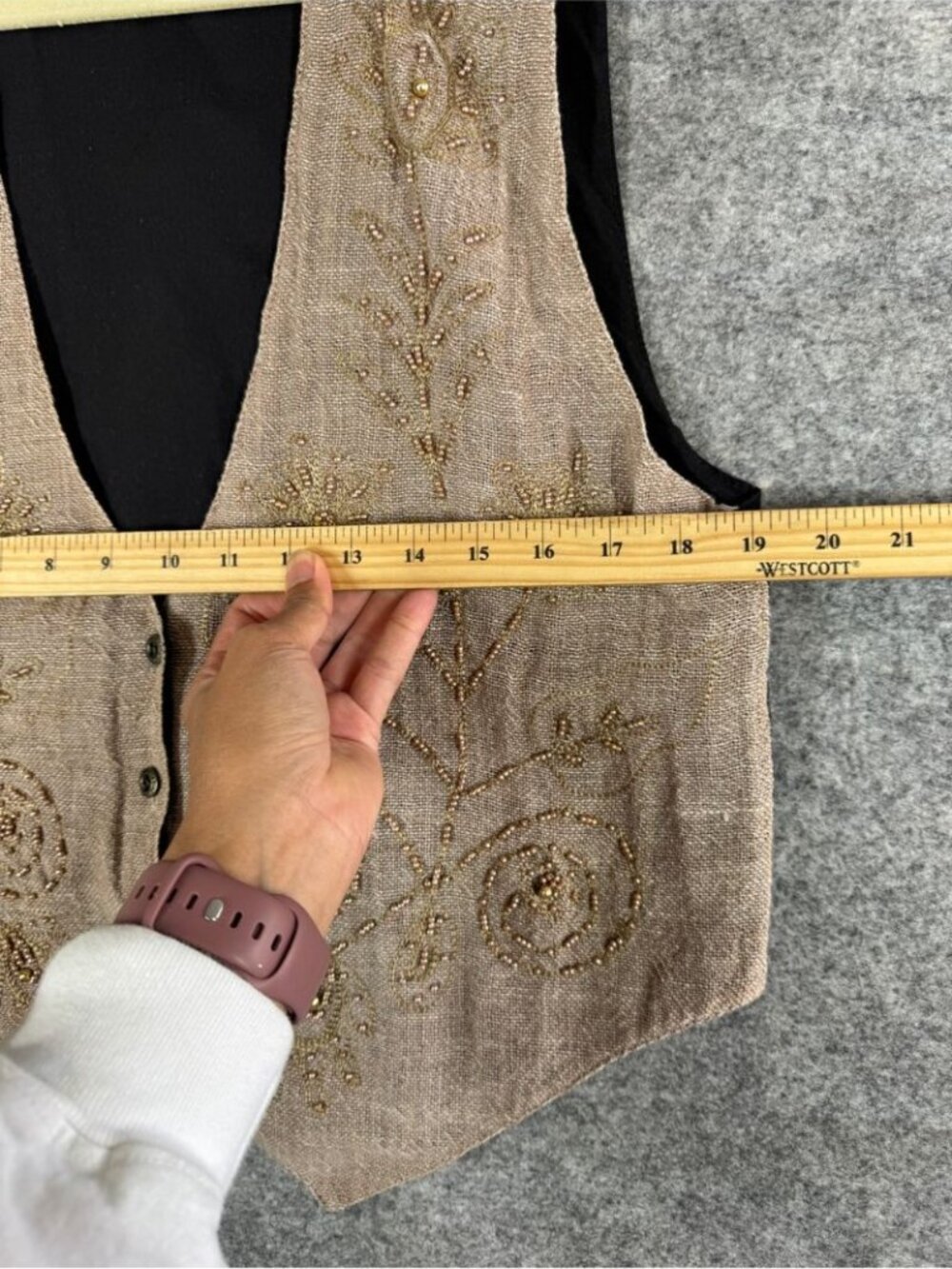 Vintage Beaded Linen Blend Vest Taupe Medium Boho Western Cottagecore Festival - Picture 9 of 16